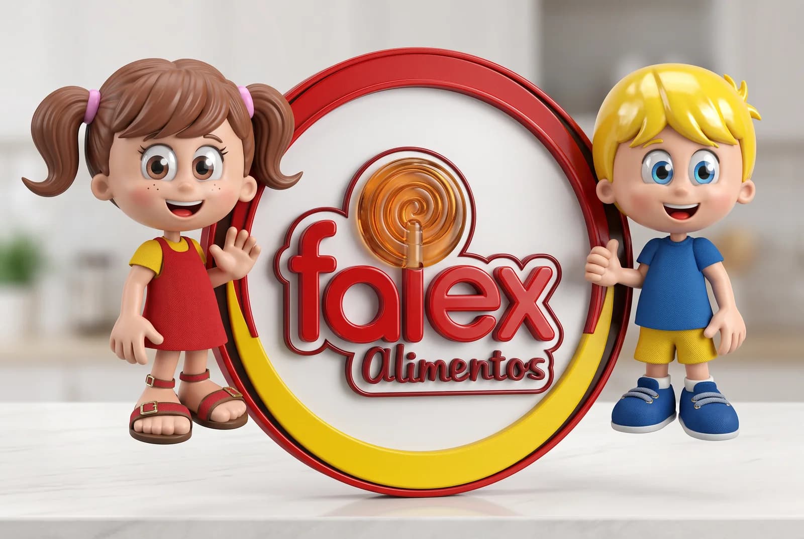 Versão 3D do logotipo Falex com os mascotes em volume sobre uma bancada.